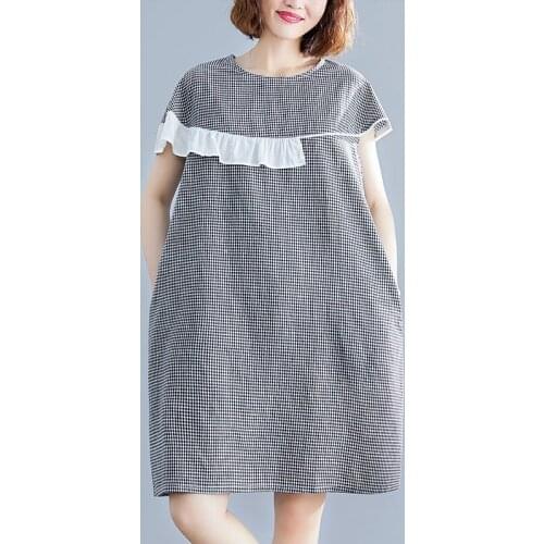 Women Loose Casual Dress New Arrival 2021 Summer Simple Style O-neck Ruffles Vintage Plaid Female Knee-length Dresses S3723