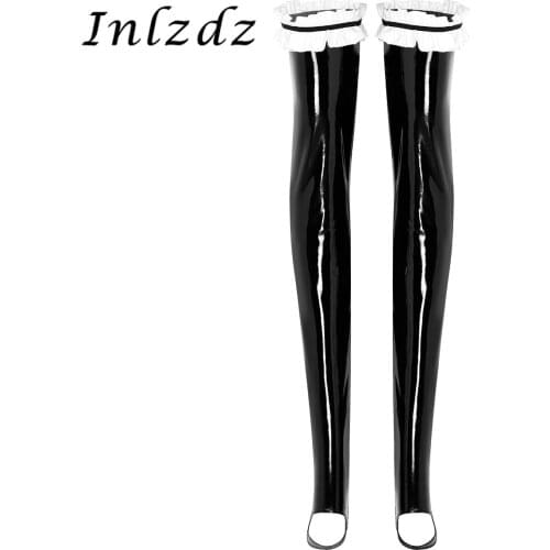 1 Pairs Black Womens Erotic Lingerie Stockings Wet Look Patent Leather Thigh High Stay Up Ruffled Toeless Long Tights Stockings