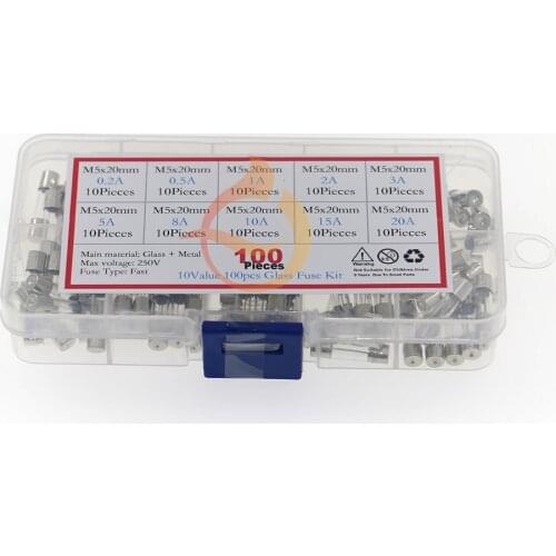 100Pcs 5x20mm 0.2A-20A Quick Blow Glass Tube Fuse Assorted Kit Fast-blow Glass Fuses