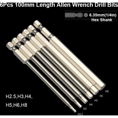 6Pcs Metric Hex Bit Set 100mm Hex Head Allen Screwdriver Bits S2 Steel Allen Wrench Drill Bit Hex Key Wrench Bit with Magnetic