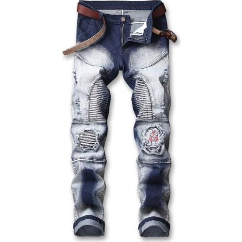 2021Mens New Hip Hop Fashion Patchwork Ripped Embroidered Stretch Holed Pleated Motorcycle Pants Biker Jeans