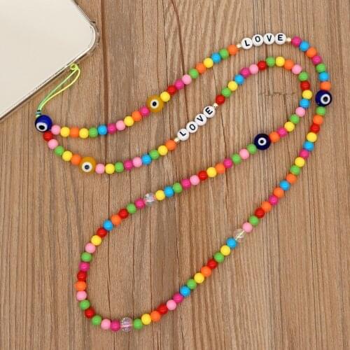 Colorful Beaded Mobile Strap Holder Lanyard Evil Eye Chains Beads LOVE Letter Chain For Phone 2021 Trendy Necklace