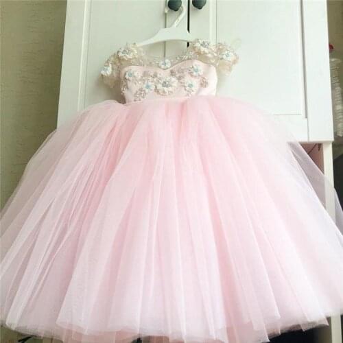 Real Picture Baby Girls Birthday Dresses Sheer Neck Flowers Lace Beads Long Children Party Dress Pageant Gown with Bow size 2-16
