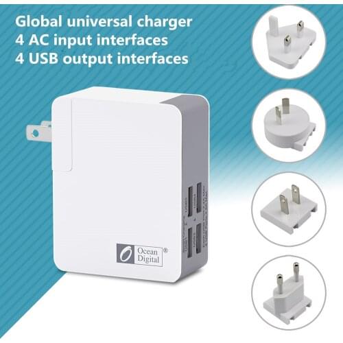 4 USB multiple AC plug combination travel chargers suitable for multiple countries around the world With microchip protection