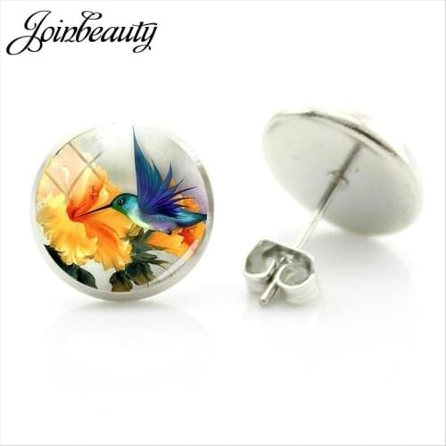 JOINBEAUTY Color Bird And Flowers Pictures Earrings Stud Round Glass Cabochon Dome Fashion Jewelry Decorative Accessories Br01