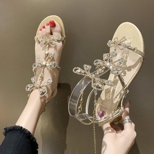 Summer Rhinestones Sandals Ladies 2021 Bohemian Beach Flat Slippers For Women Flip Flops Bowtie Crystal Low Heels Sandals PW089