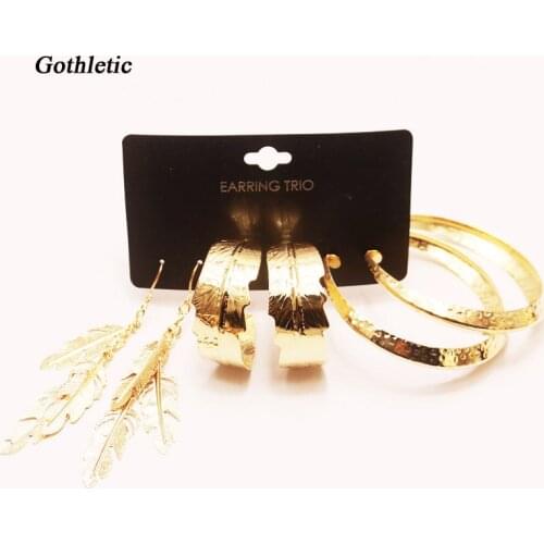 Gothletic Fashion Hammered Texture Metal Circle Hoops Trio Leaves Earrings for Women Party Jewelry 3prs/Set