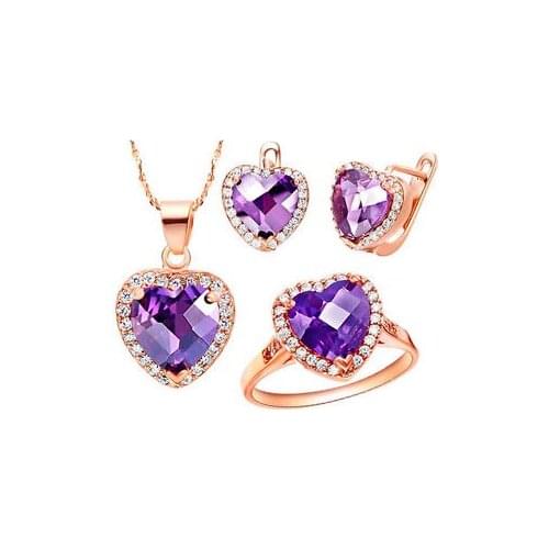 Wholesal WGP Zircon Gem Noble Rich Ladies purple Heart Factory Crystal Pendant Ring Earrings Necklace Jewelry Set