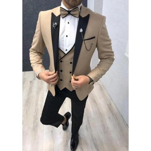 New Arrival Men Suits Champagne and Black Groom Tuxedos Peak Lapel Groomsmen Wedding Best Man ( Jacket+Pants+Vest+Tie ) D32
