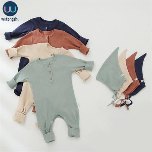 Newborn Infant Baby Boy Girl Knitted Romper + Hat Solid Cotton Baby Jumpsuit Long Sleeve Solid Cotton Baby Girl Clothes Outfit