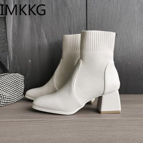 2020 Autumn Winter Women boots Knit Elastic Socks Boots square Toe Chunky Heel Boots Fashion Ankle Chelsea Boots