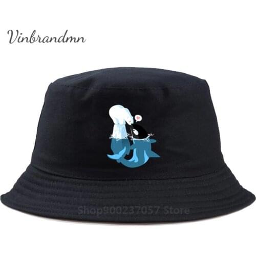 Lovely dolphin kiss polar bear Panama Bucket Hat animal digital printed peaceful killer whale love bear Fisherman Hat