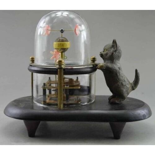 Elaborate Interesting Decorative old cat hand-carved copper fish mechanical clock