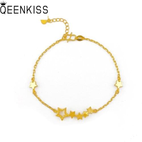 QEENKISS BT514 Fine Jewelry Wholesale 2021 Hot Fashion Woman Girl Birthday Wedding Gift Stars Slim Chain 24KT Gold Bracelet