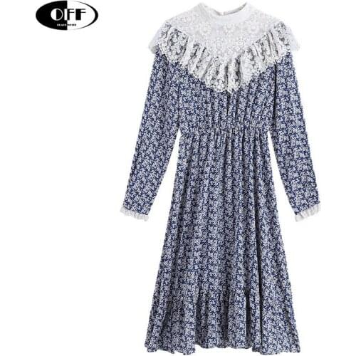 Chic sweet girls midi dresses for women elegant casual patchwork lace ruffles floral printed long sleeve autumn woman dress robe