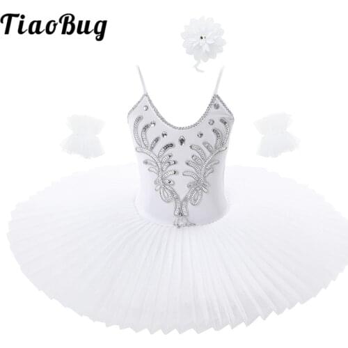 TiaoBug Kids Girls Rhinestones Sequins Tutu Ballet Leotard Dress with Arm Sleeves Hair Clip Set Performance Swan Dance Costume