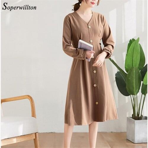 Vintage Womens Dress Casual button v neck button Dresses For Women 2020 Green Loose Midi Dress Female vestidos lace up waist