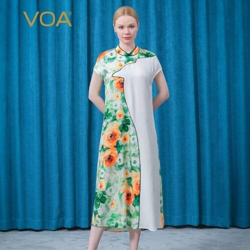 VOA Silk Jacquard Summer Womens Dress 2021 AE910 Stand Collar Short Sleeve Bandage Hollow Design Loose Harajuku Party Dresses