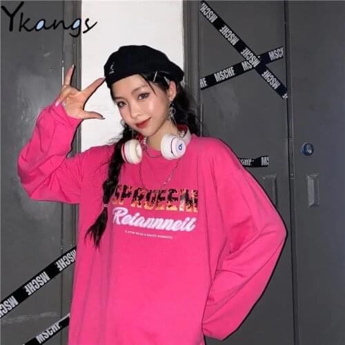 Street Style Printed Loose Womens Blouse Korean Style Pink Round Neck Ladies Pullover Outdoor Leisure Long-sleeved Sports Top