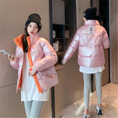 2021 Winter Fashion New Short Bright Face Loose Stand-Up Collar Long-Sleeved Bread Thick Warm Cotton Jacket Female Trend H221
