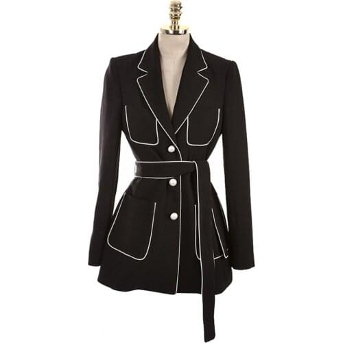 2019 Brand New Women Fashion Blazer Pockets Belted Slim Women Blazer Coat Black Blazer Women Jacket Long Blazer