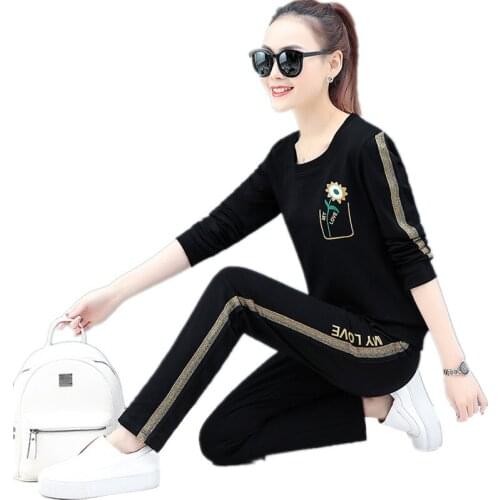 Top selling product in 2020 Lady clothes set Tracksuit cotton Leisure sports suit large size 2 piece set Tops + trousers 1612