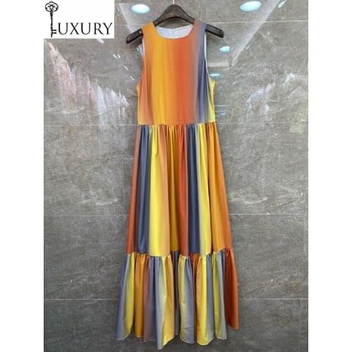 Summer Sleeveless Fashion 2020 Ladies Sweet Rainbow Color Print Ankle Length Long Maxi Dress Casual Women Vestido
