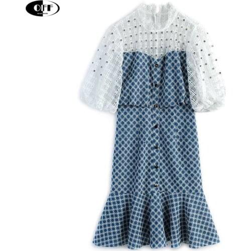 Summer Women Short Sleeve midi Dresses High Waist Beading Hollow Out Lace Plaid Dress Ruffles lace Female Fishtail Dress vestido