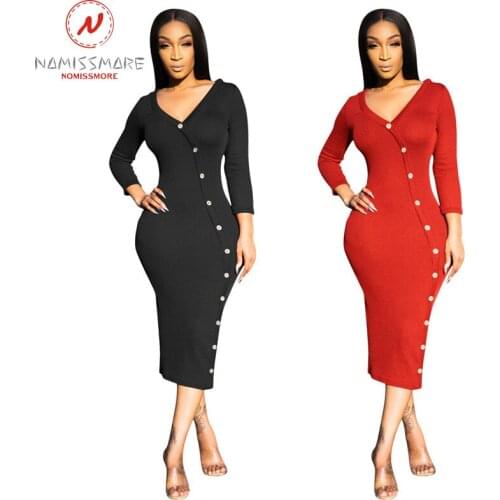 Elegant Office Lady Solid Color Pencil Dress Single-Breasted Design V-Neck Long Sleeve Mid Waist Slim Hips Long Dress
