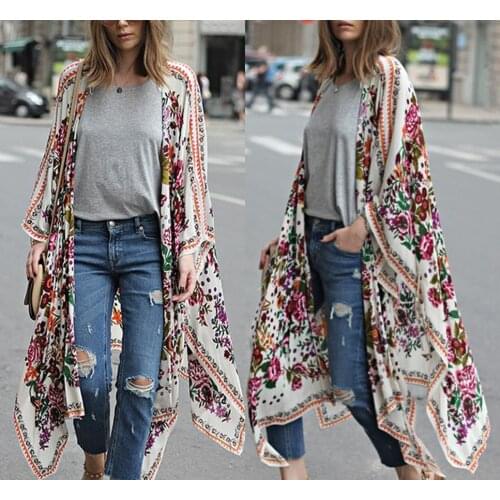 Women Floral Printed Ponchos Vintage Kimono Cardigan Female Long Sleeve Chiffon Loose Open Stitch Plus Size S-3XL