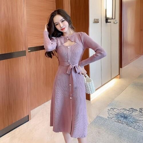Elegant Korean Lady Office Dress Lace Up Long Sleeve Knitting Sweater Dresses Winter O-neck Purple Vestidoes Female Streetwear