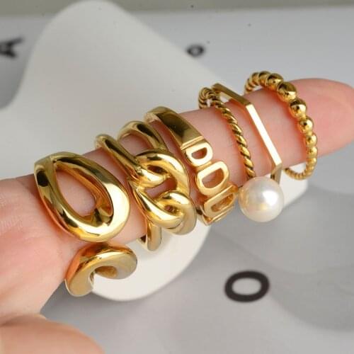 18KGP 316L Stainless Steel Rings For Women With Pearl Croissant Ring Stacking Band Jewelry Wedding Party Accessories