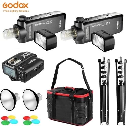 2x GODOX AD200 TTL High Speed Sync Flash Strobe Built-in 2.4G Wireless + 2x Light Stand + 2x AD-M Standard Reflector + Carry Bag