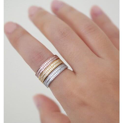 3 Colors Engagement Band Finger Ring For Women 100% 925 Sterling Silver Double Row Stacking CZ Eternity Bands