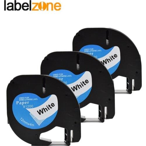 3pcs 12mm 91200 Paper Label Tape Compatible Dymo LT91200 Label Ribbon Balck on White 91330 91220 59421 for DYMO Letratag Printer