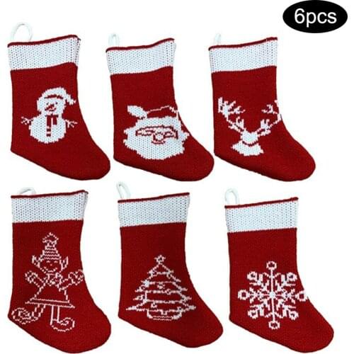 6pcs Knitted Christmas Stockings Candy Gift Storage Bags With Hanging Rope Santa Claus Snowman Elk Socks For Home New Year