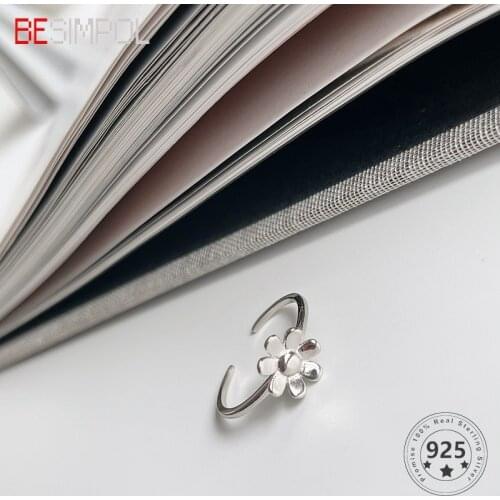 Besimpol Delicate Real s925 Sterling Silver Ring Simple Flower Adjustable Open Rings For Women Retro Fine Jewelry Party Gifts