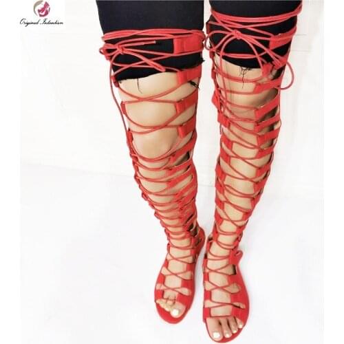 Cross Lace Up Tight High Sandals Boots Women Fashion Red Flock Peep Toe Gladiator Flat With Sandals Party Casual Shoes Ladies