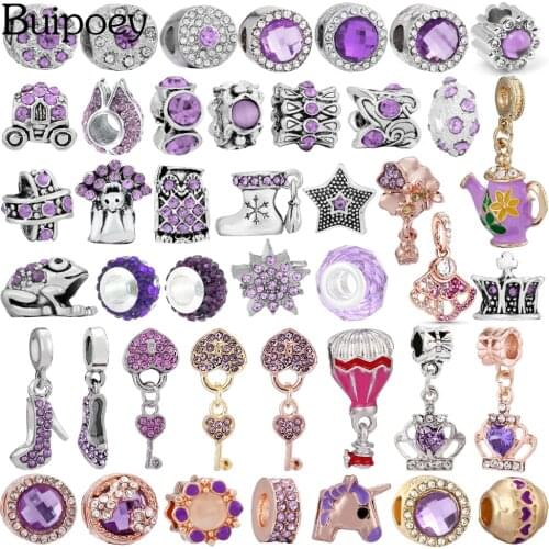 Buipoey 2pcs Purple Round Beads Crystal Crown Dangle Charm High Heels Pendant Fit Diy Bracelets Xmas Jewelry Making Beaded