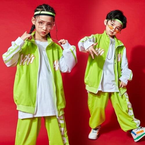 Kid Fashion Hip Hop Clothing Green Zip Up Windbreaker Jacket Top Coat Streetwear Pants for Girls Boy Jazz Dance Costume Clothes