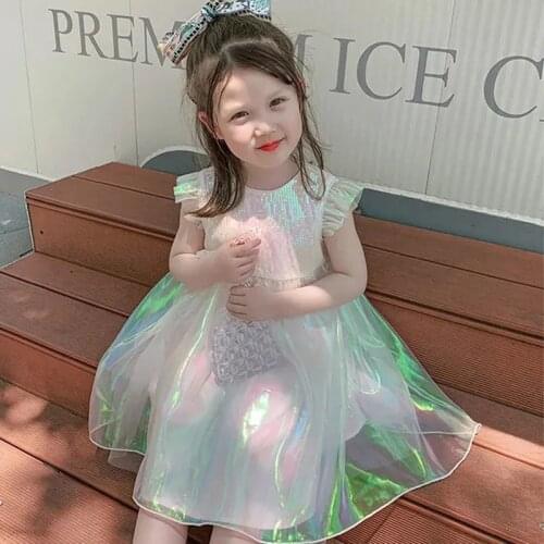 Princess Girls Fly Sleeve Dresses for Kids Girls Tutu Mesh Dress Summer Girls Shiny Sleeveless Beach Dress for Children Clothes