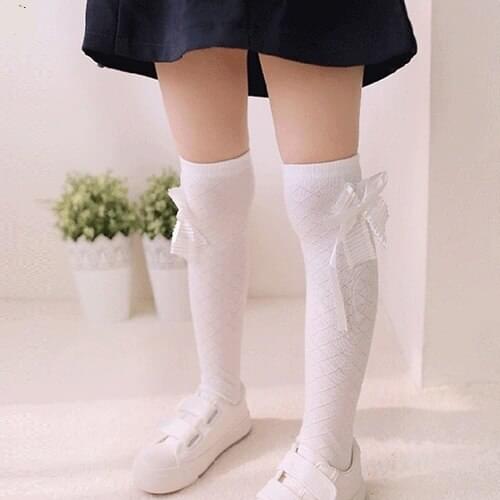 Girls Kids Cotton Tights School High Knee Gridding Bow Dance Stockings 76UX