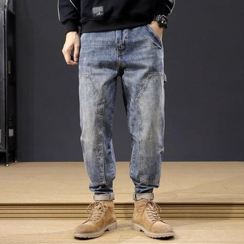 Men Jeans Retro Blue Loose Fit Spliced Designer Denim Fashion Streetwear Cargo Pants Wide Leg Trousers Hip Hop Harem Jeans Men