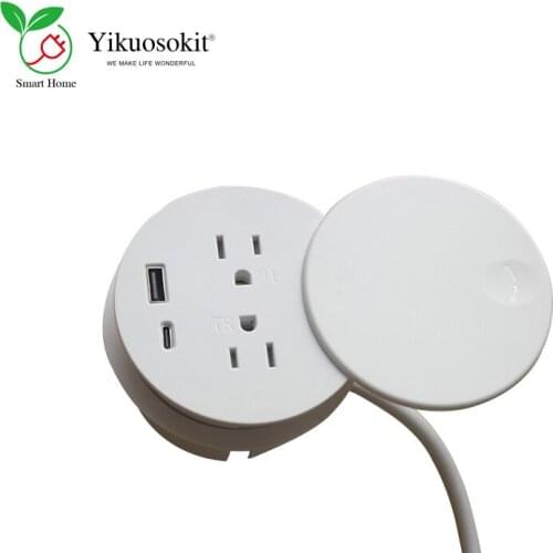 Round Mini US Plug Power Socket With Slide Cover USB-A Type-C Charging Tabletop Grommet 13A Tabletop Socket CE Rohs