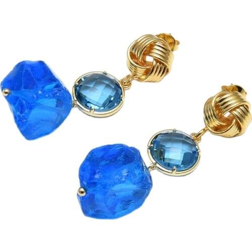 GG Jewelry Natural Blue Glass Quartzs Crystal Connector Gold Color Plated Flower Stud Dangle Earrings Handmade For Women