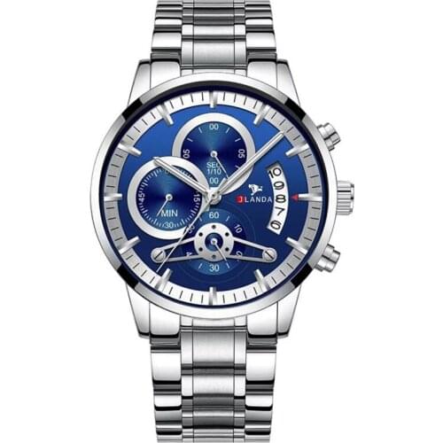 JLANDA New Mens Luminous Chronograph Watches Stainless Steel Waterproof Fashion Blue Casual Sport Style Quartz Watch Men J6402