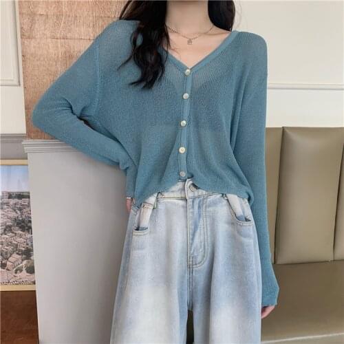 Summer Cardigan Long Sleeve Knitted Sweater Women Korean Short Sunscreen Cropped Cardigan Loose V-neck Solid Color Thin Tops