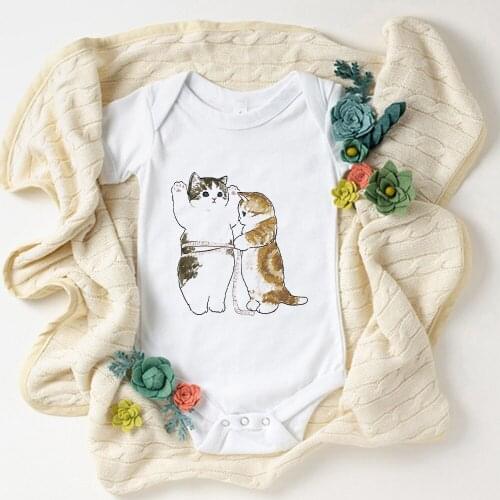 Kawaii Cats Hand Drawn Style Baby Girl Clothes Fashion Ropa Aesthetic Bebe Niña Summer Casual New Born Infant Bodysuit Onesie