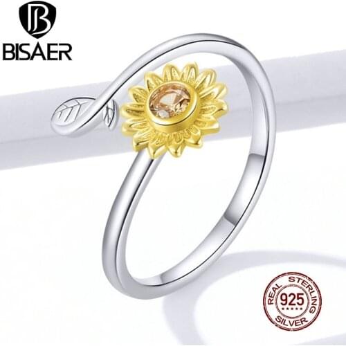BISAER Daisy Flower Ring 925 Sterling Silver Adjustable Open Yellow Zircon Finger Rings For Women Best Gift Jewelry 2020 EFR127