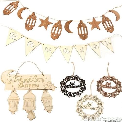 Combination 5pcs Wooden Moon stars Ramadan Decorations for home Kareem Decoration Hanging Pendant Islamic Muslim Party Supplie
